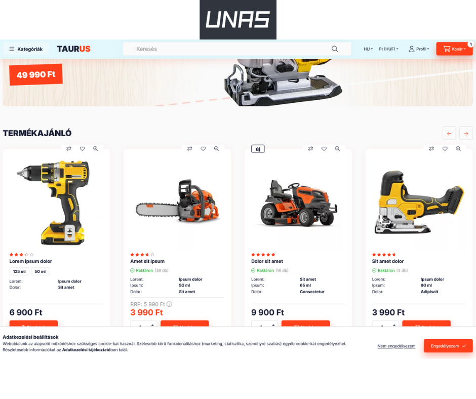 Unas Taurus sablon - Tökéletes az elektornikai termékek árusítására - technikai specifikációk, vizuális megjelenés