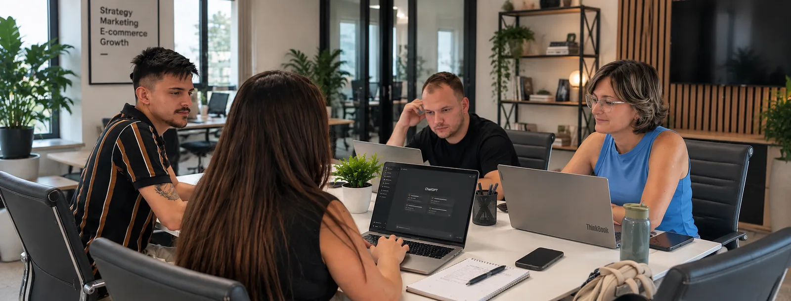 A Shopmentor csapata laptopok mellett dolgozik az irodában