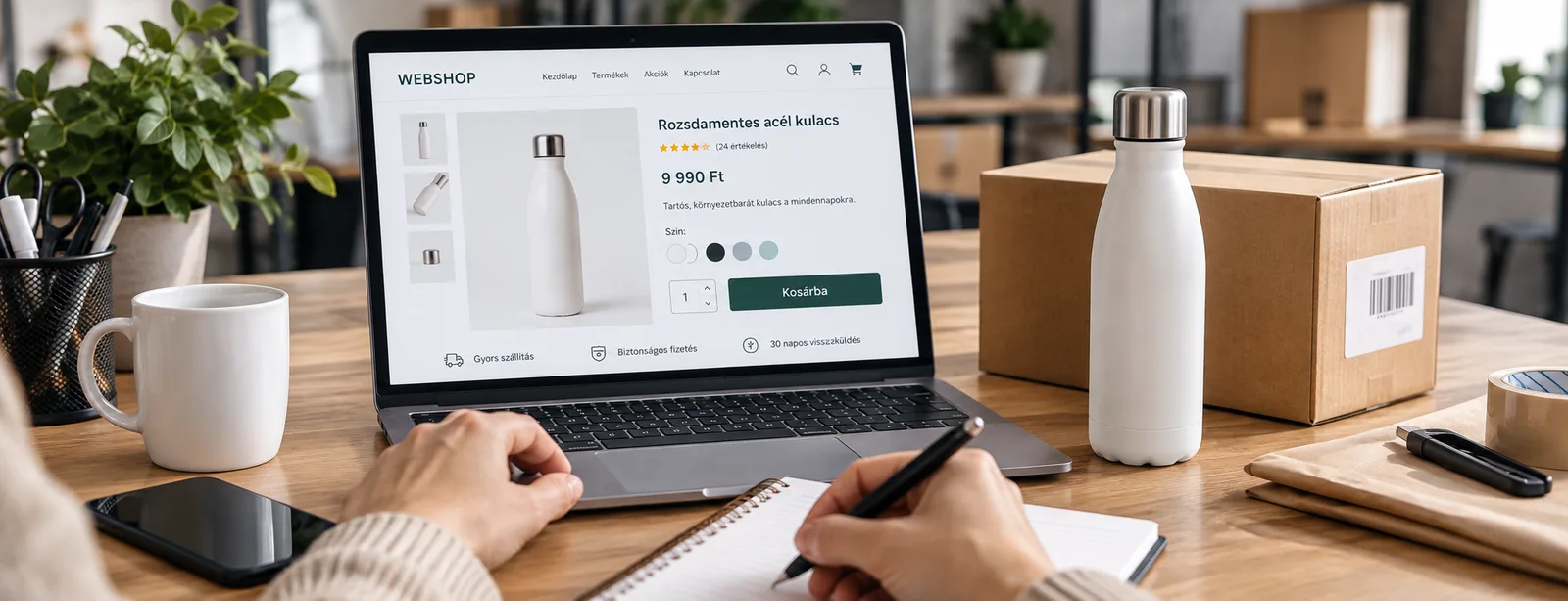 Webshop termékoldal laptopon, mellette a termék és csomagolás