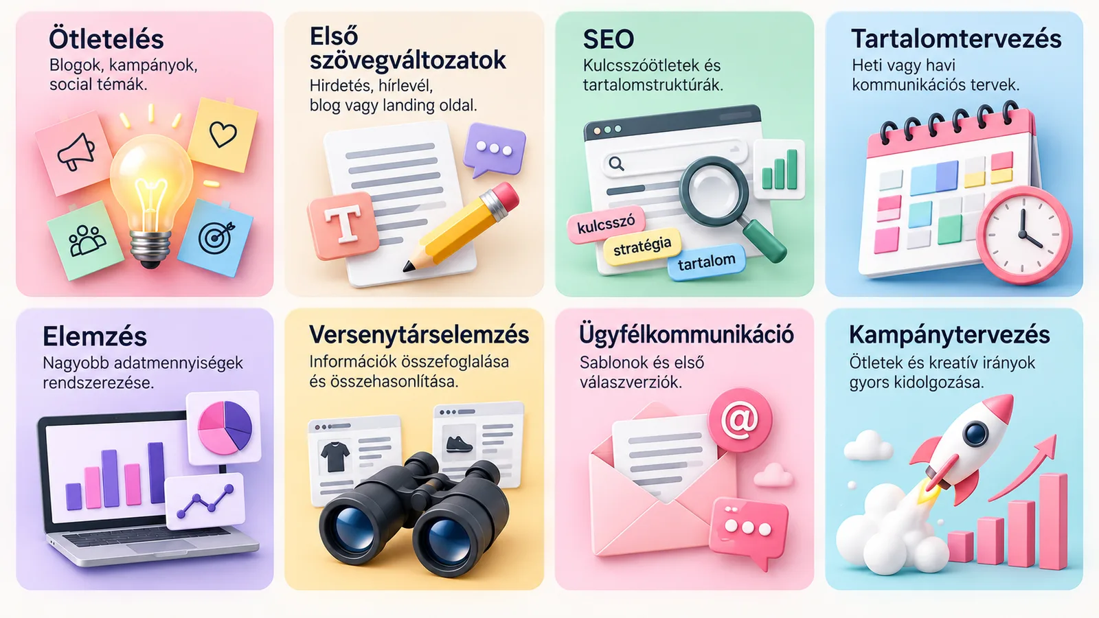 Mire használd az AI-t: ötletelés, első szövegváltozatok, SEO, tartalomtervezés, elemzés, versenytárselemzés, ügyfélkommunikáció, kampánytervezés